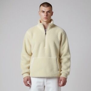 Cuts Sweater Mens Large Cream White Polatec Sherpa 1/2 Zip Pullover Fleece